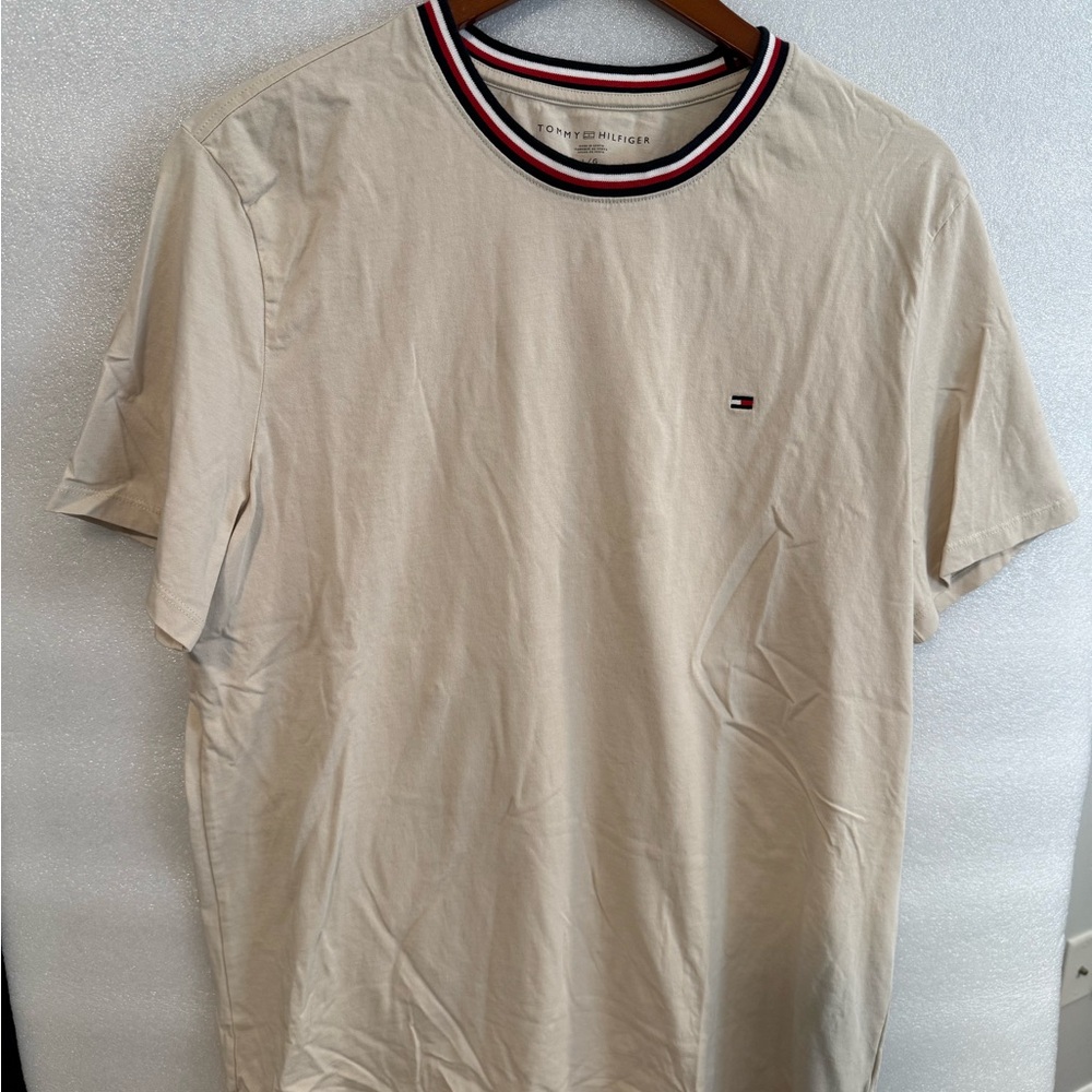 Tommy Hilfiger Cream Short Sleeve Tee with Striped Collar